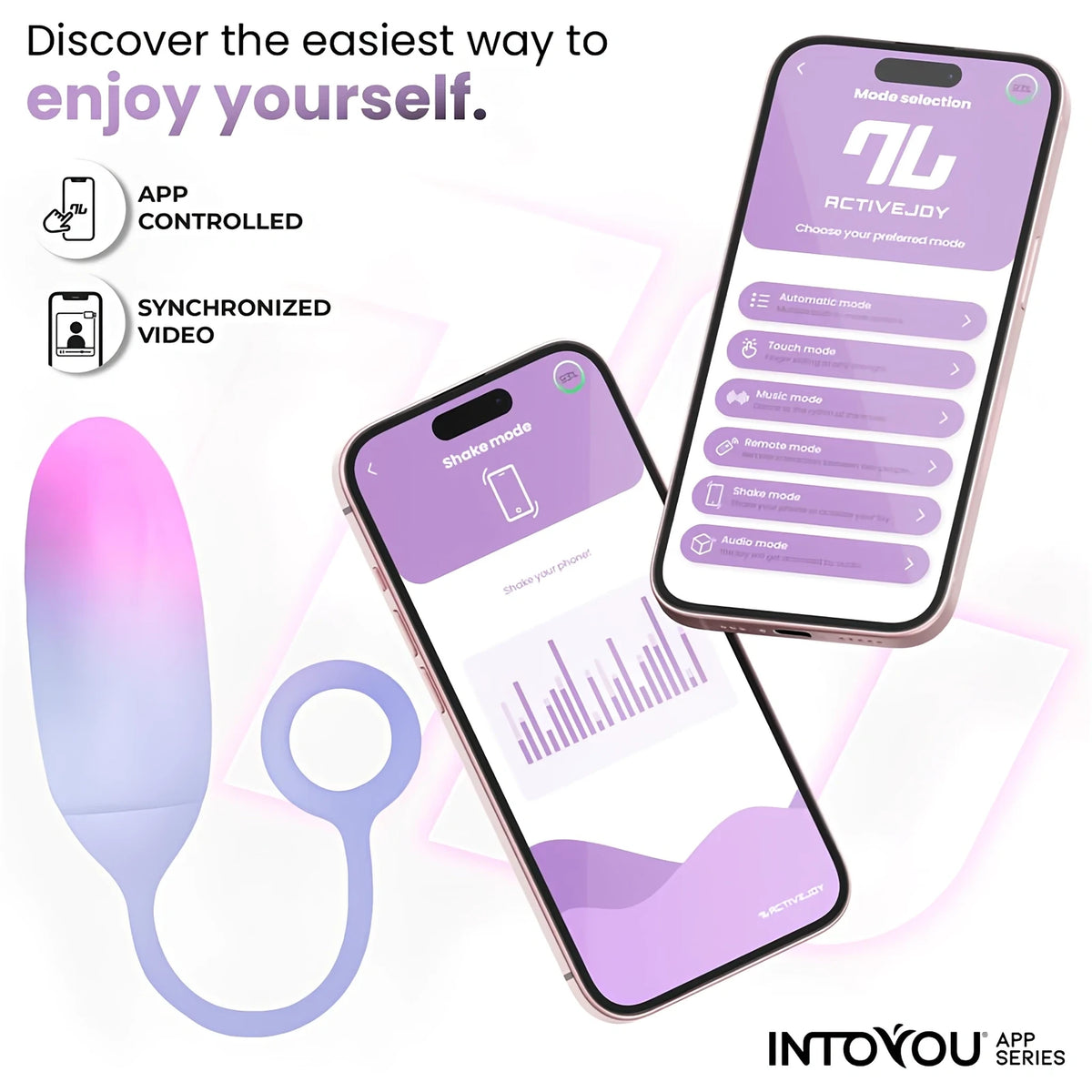 Инфографика за виброяйце IntoYou App Series с гradient розово-синьо и два телефона с ActiveJoy: режими, управление с приложение и видео
