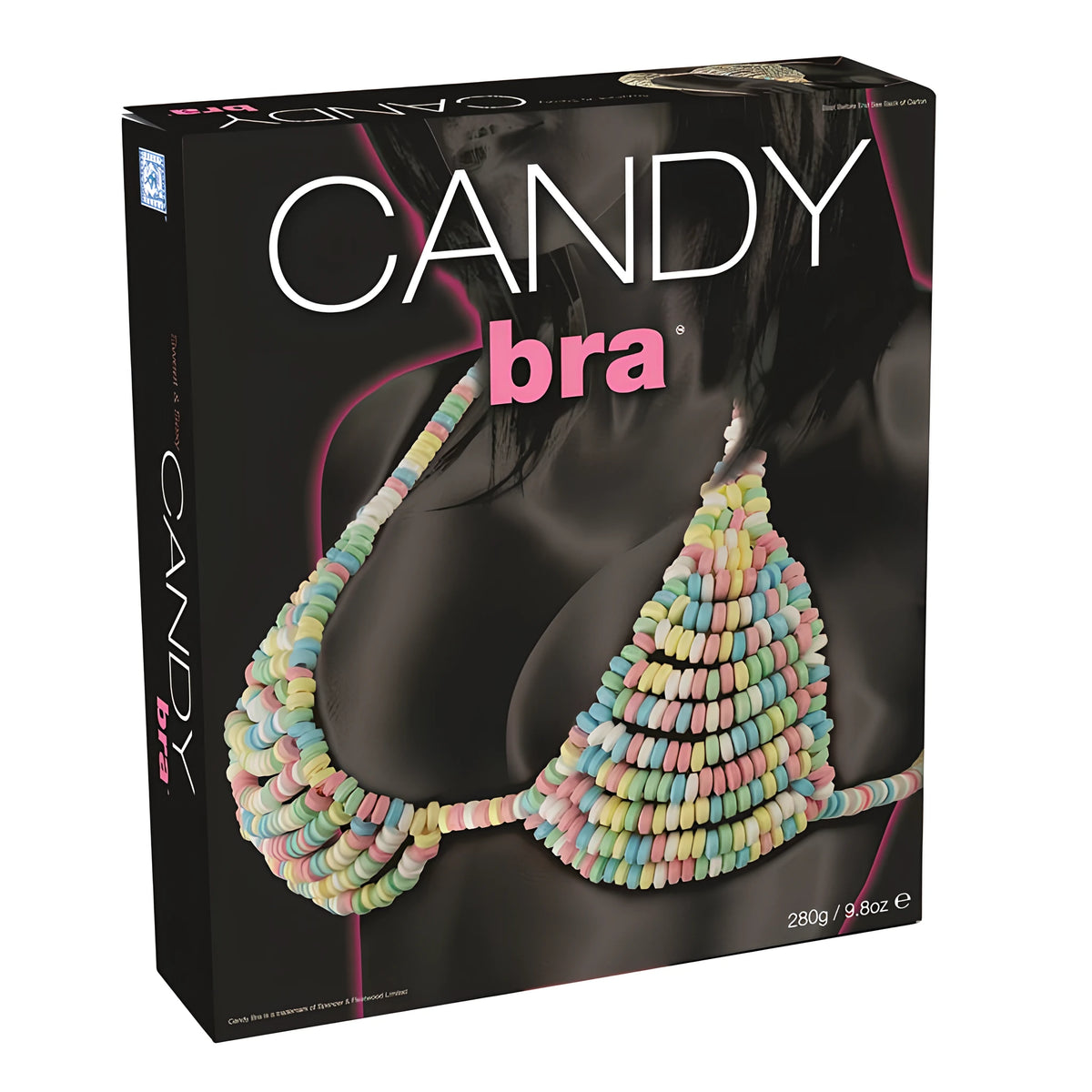 Черна кутия на ядящ се сутиен Candy Bra, 280 г, с изрисуван сутиен от пастелни бонбони в розово, синьо, жълто и зелено