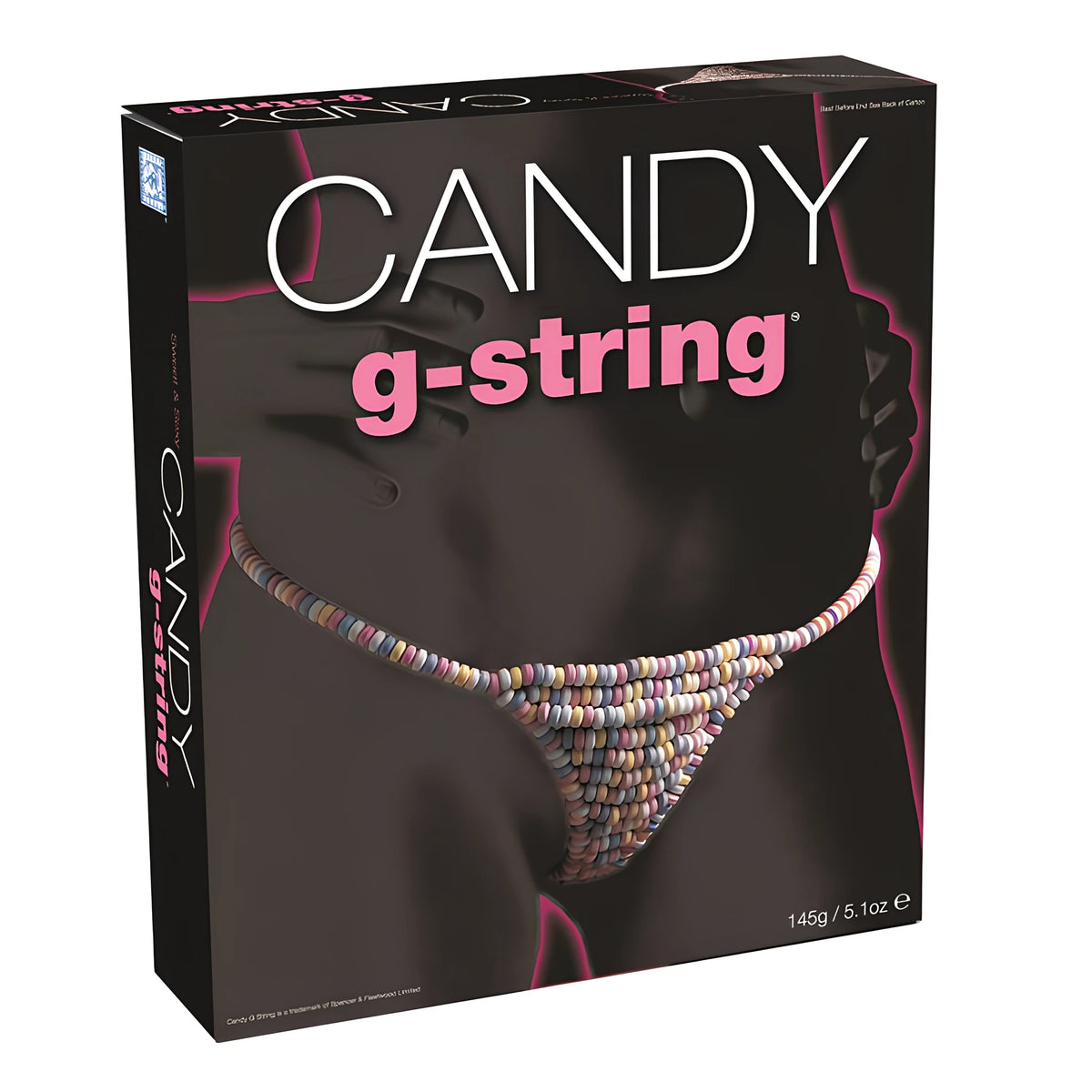 Черна кутия на Ядящи се дамски прашки Candy g-string с цветни бонбонени мъниста, 145 г, предна и странична страна
