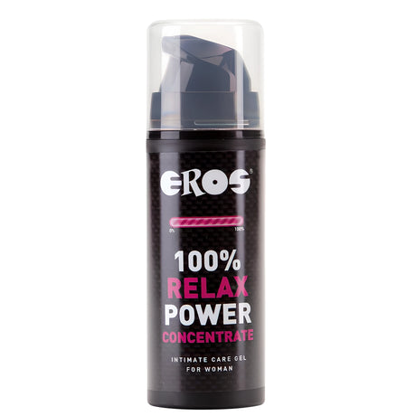 Черна бутилка с помпа и прозрачно капаче на Eros 100% Relax Power Concentrate, интимен гел за жени, изглед отпред