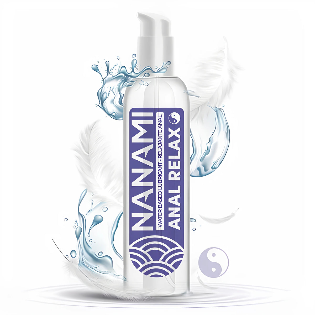 Прозрачна бутилка с помпа на анален лубрикант Nanami Anal Relax на водна основа, с лилав етикет, пръски вода и бели пера