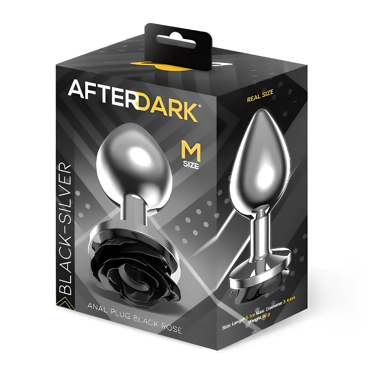 Кутия на метален анален разширител Black Rose, размер M, на AfterDark: черно-сребърен дизайн, изображение на изделието с черна роза и размери отстрани