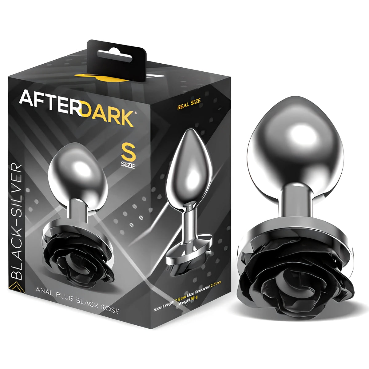 Анален разширител Black Rose размер S в сива кутия AfterDark Black-Silver до самия сребрист артикул с основа като черна роза