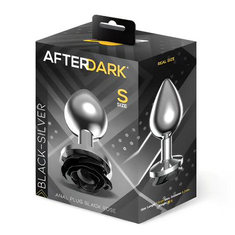 Кутия на Анален разширител Black Rose, размер S, на марка After Dark, в черно и сребристо, с изображение на металната играчка с черна роза