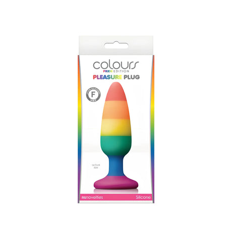 Предна страна на кутията на Colours Pride Edition Pleasure Plug от NS Novelties с дъгов силиконов разширител и надпис „actual size“