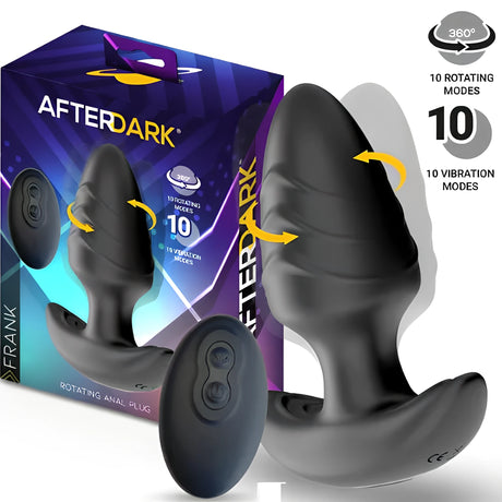 Анален разширител Frank с ротация в черен цвят, дистанционно и лилава кутия AfterDark; надписи: 10 режима на ротация и 10 на вибрация