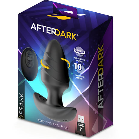Кутия на Frank с ротация на AfterDark в лилав космически дизайн, с черния продукт, дистанционно и надписи за 10 режима на ротация и 10 на вибрация