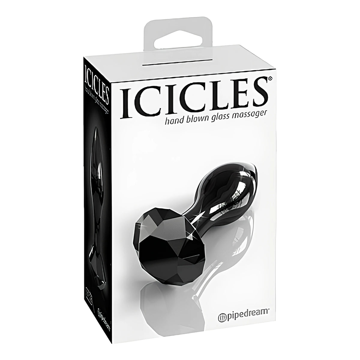 Кутия на стъклен масажор Icicles No. 78 на Pipedream с надпис „hand blown glass massager“ и черното стъкло с фасетирана основа