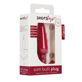 Опаковка на червения анален разширител Shots Slim Butt Plug с прозорче, списък с характеристики и схема на формата отстрани