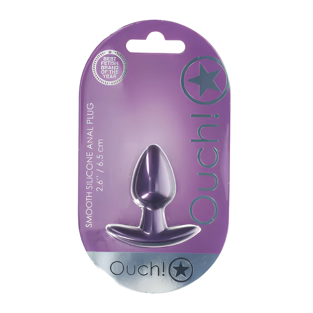 Анален разширител Ouch Small в лилава опаковка с надпис Smooth silicone anal plug, 6,5 см, и лого на Ouch!