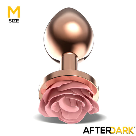 Анален разширител Pink Rose размер M в розово злато с розова роза в основата, изглед отпред, с лого на AfterDark