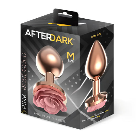 Кутия на AfterDark за анален разширител Pink Rose, размер M, с розовозлатист метален накрайник и розова роза в основата