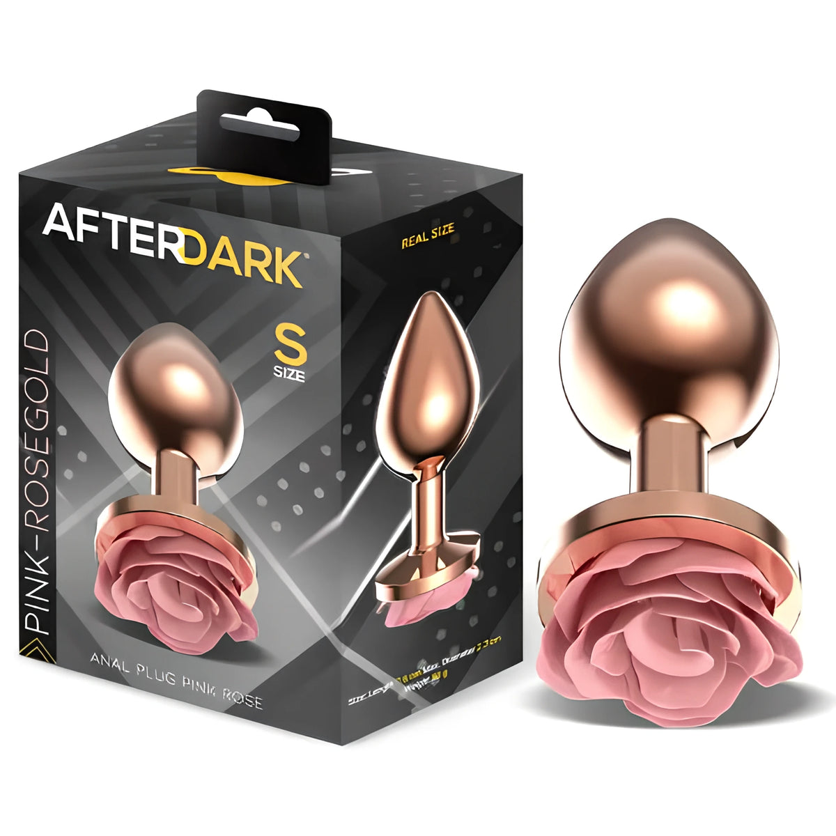 Анален разширител Pink Rose размер S: сива кутия AfterDark и пред нея розовозлатист метален аксесоар с розова роза в основата