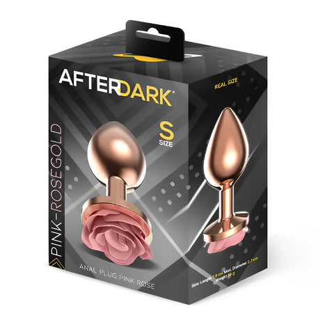 Кутия на Pink Rose размер S в розово злато с надпис After Dark, с изображение на аксесоара с роза и страничен изглед в реален размер