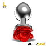 Анален разширител Red Rose размер L: метално тяло с гладка повърхност и червена роза в основата, маркирано с L и логото AfterDark