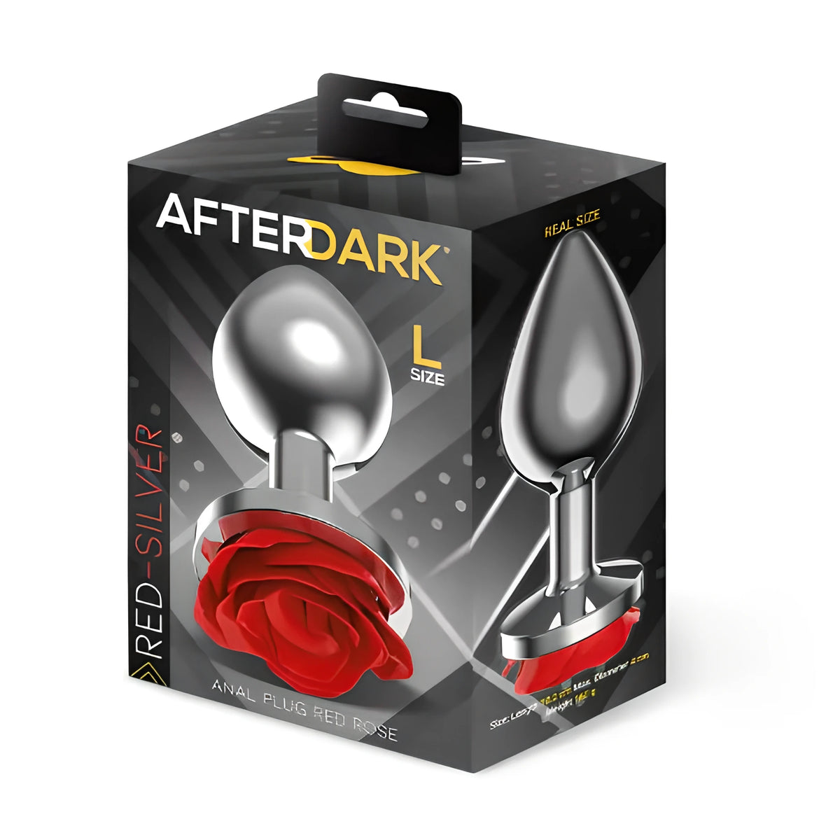 Кутия на Анален разширител Red Rose, размер L, с надпис AfterDark: метален тапа с червена роза в основата и контур в реален размер