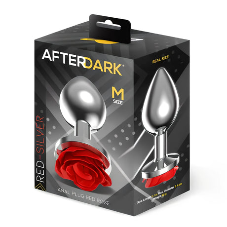 Кутия на Red Rose, размер M, с лого After Dark: метална тапа с червена роза в основата и надпис „Real size“