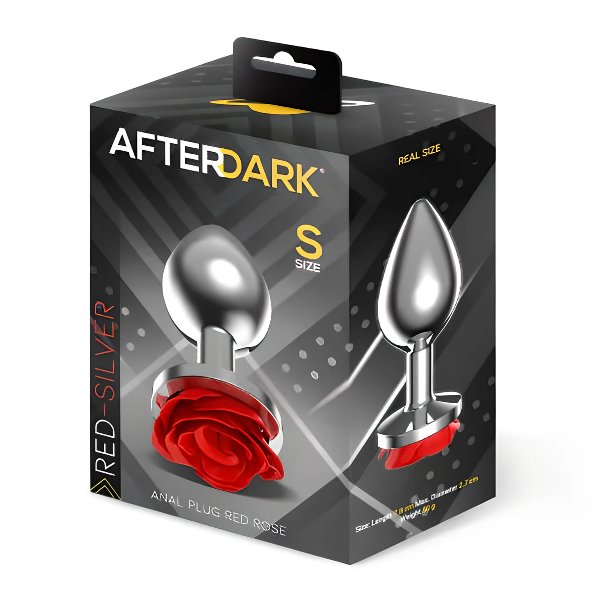 Кутия на Анален разширител Red Rose размер S от AfterDark: сребрист метален накрайник с червена роза в основата и надпис „Real size“