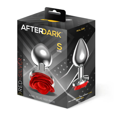 Кутия на Анален разширител Red Rose размер S от AfterDark: сребрист метален накрайник с червена роза в основата и надпис „Real size“