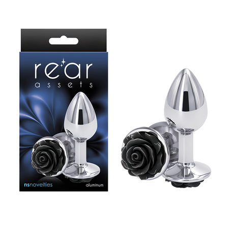 Анален разширител Rose М черен до синята кутия Rear Assets на NS Novelties: сребрист алуминий с черна роза в основата