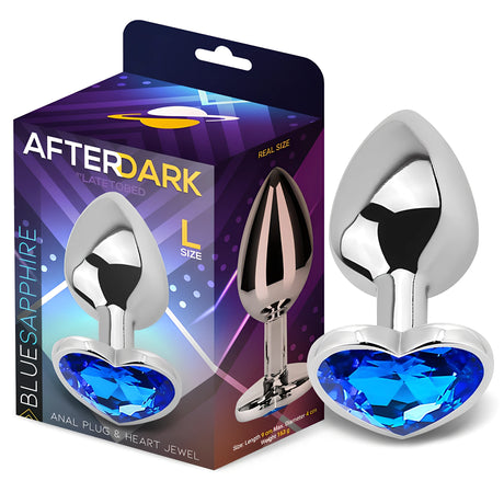 Анален разширител с кристално сърце L, синьо, от метал, до кутията на After Dark Blue Sapphire с размери и тегло на гърба