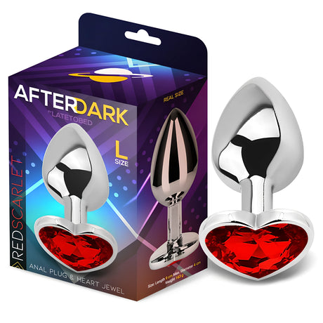 Анален разширител с червено кристално сърце, размер L, до кутията си на AfterDark by LateToBed; сребрист метал, дължина 9 см
