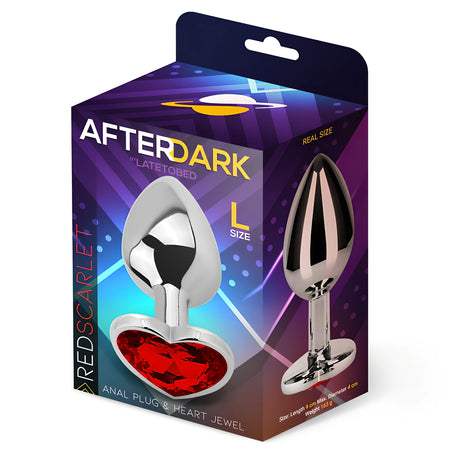 Кутията на анален разширител с червено сърце, размер L, на AfterDark by LateToBed, с надпис Red Scarlet и размери: дължина 9 см, диаметър 4 см, тегло 163 г