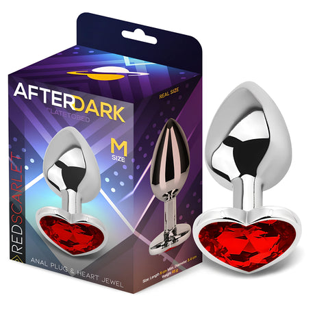 Анален разширител с червено кристално сърце, размер M, от метал до кутията After Dark by LateToBed с реален размер и данни