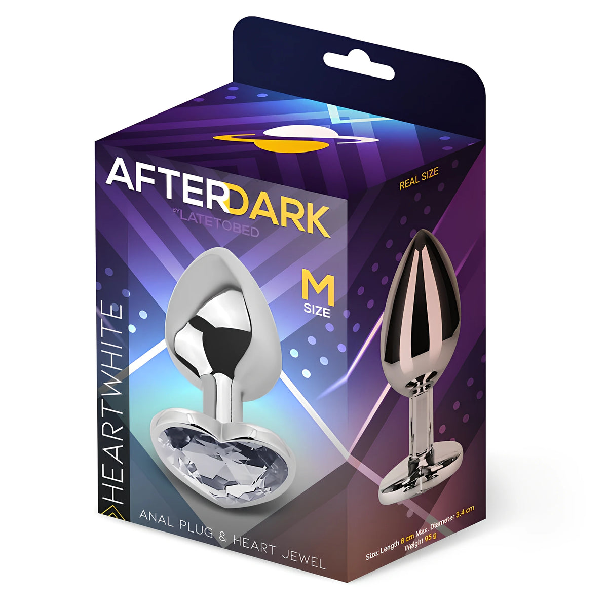 Кутия на After Dark by LateToBed, модел Heart White, размер M, с метален разширител със сърцевиден бял кристал и размери на гърба