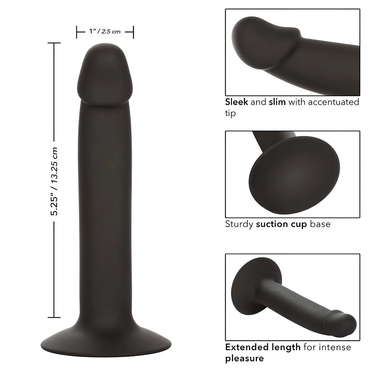 Инфографика за черния анален разширител Slim Anal Stud: размери 13,25 см на 2,5 см, детайли на върха и вендузата