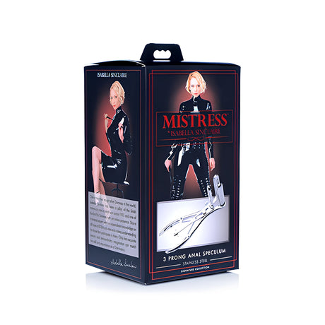 Тъмна кутия на спекулум Mistress by Isabella Sinclaire от неръждаема стомана, с жена в черен латексов костюм и прозорец към продукта