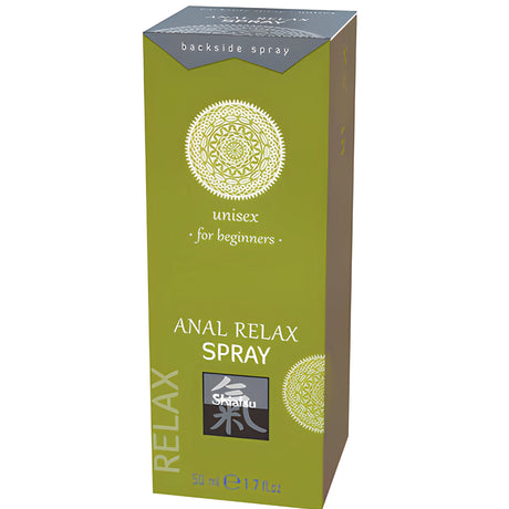 Зелена кутия на Anal Relax Spray с надписи „unisex“ и „for beginners“, 50 мл, с орнамент и лого на Shiatsu
