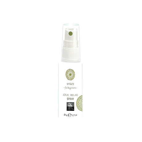 Бяла бутилка с пулверизатор Anal Relax Spray на Ero by HOT, 50 мл, с надпис „unisex for beginners“ и зелена емблема на етикета