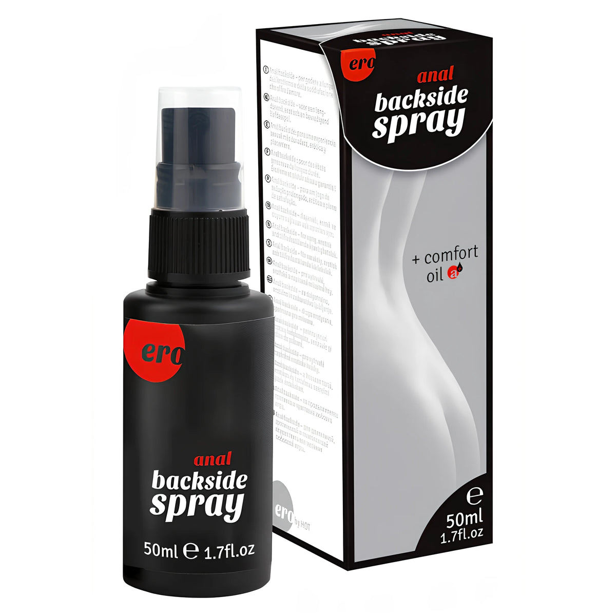 Черна бутилка със спрей помпа и кутия на Ero by HOT Anal Backside Spray 50 ml с надпис „+ comfort oil“