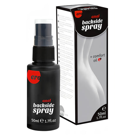 Черна бутилка със спрей помпа и кутия на Ero by HOT Anal Backside Spray 50 ml с надпис „+ comfort oil“