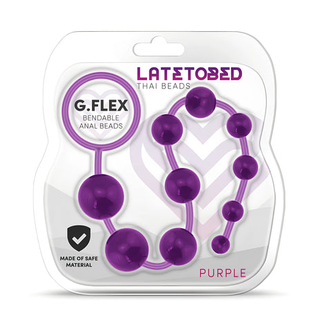 Опаковка на лилавата анална броеница G.Flex на LateToBed с халка и топчета с намаляващ размер; надпис „Made of safe material“