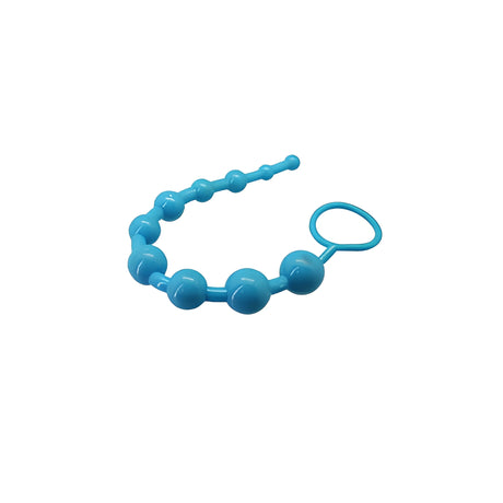 Анална броеница Super 10 Beads в синьо: гъвкава верига от топчета с нарастващ размер и пръстен за хващане, изглед отгоре на бял фон