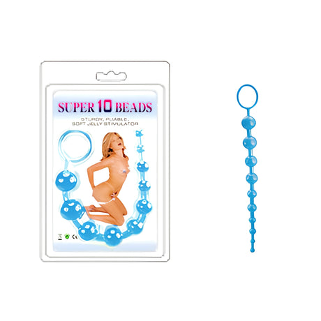 Анална броеница Super 10 Beads в синьо: блистерна опаковка с надпис Super 10 Beads вляво и самата верижка с пръстен вдясно