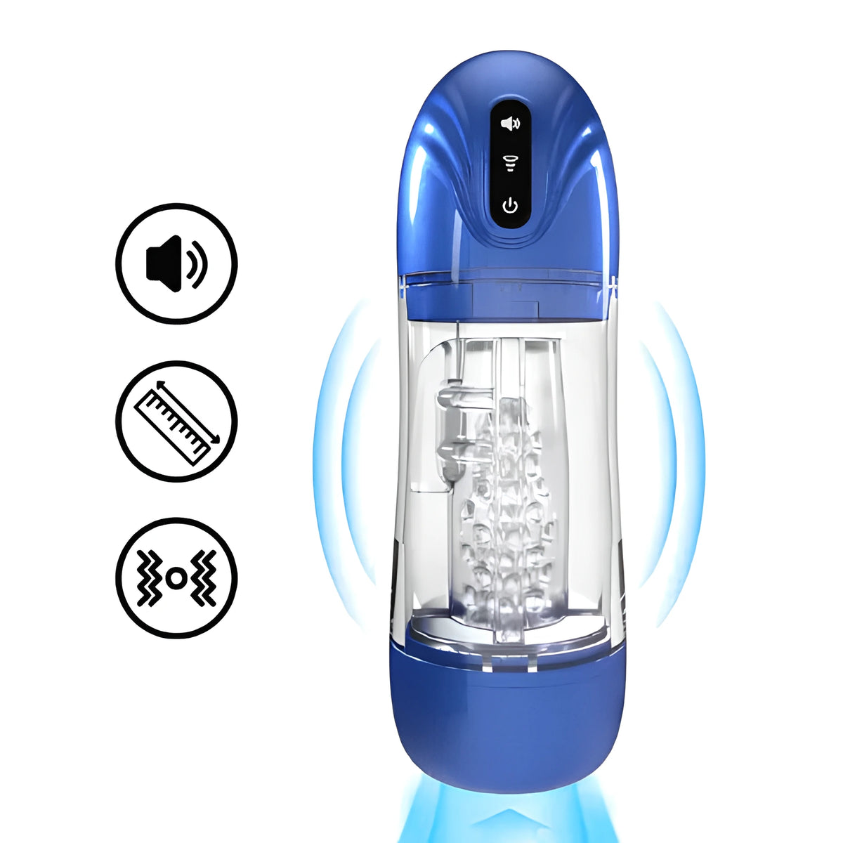 Автоматична пенис помпа SonicPull Blue в синьо и прозрачно, с цветни бутони отгоре и три икони за звук, размер и вибрации