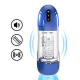 Автоматична пенис помпа SonicPull Blue в синьо и прозрачно, с цветни бутони отгоре и три икони за звук, размер и вибрации