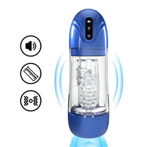 Автоматична пенис помпа SonicPull Blue в синьо и прозрачно, с цветни бутони отгоре и три икони за звук, размер и вибрации