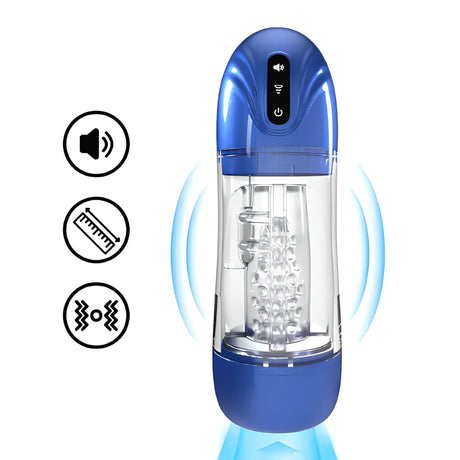 Автоматична пенис помпа SonicPull Blue в синьо и прозрачно, с цветни бутони отгоре и три икони за звук, размер и вибрации