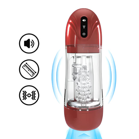 Автоматична пенис помпа SonicPull Red в червено с прозрачна средна част, сензорни бутони и три иконки за звук, размер и вибрация