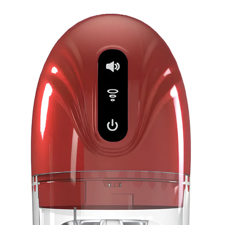 Close-up на глянцовия червен корпус на SonicPull Red с черен сензорен панел с три иконки: звук, режим и захранване