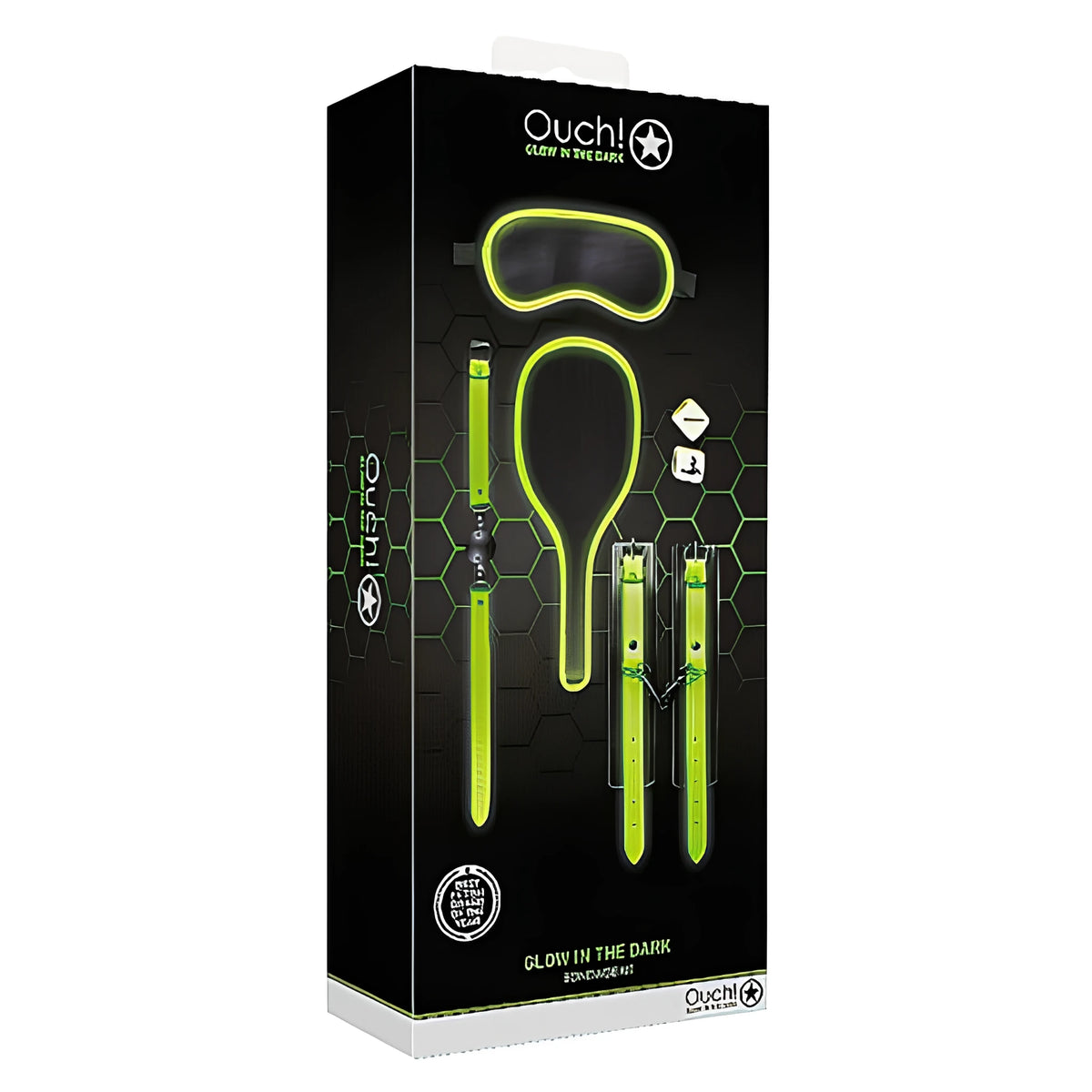 Черна кутия на комплект Ouch! Glow in the Dark с маска за очи, лопатка, нашийник с топка, white зарчета и обувки с флуоресцентнозелени кант и катарами
