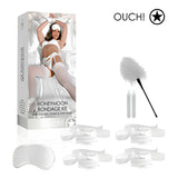 BDSM комплект Honeymoon на Ouch!: кутия и съдържание – бяла сатенена маска, четири маншета, перце и две свещи
