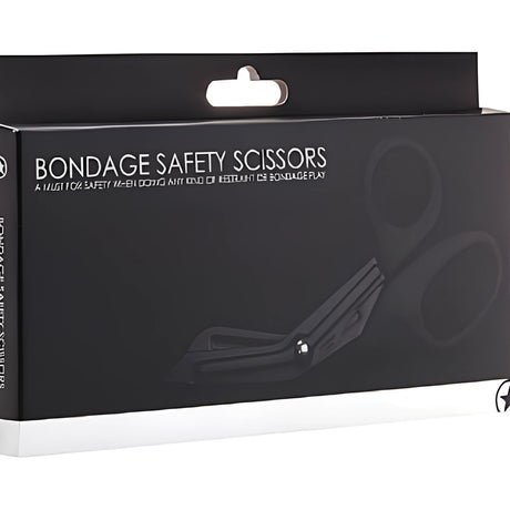 Черна кутия на безопасни ножици Ouch! за лесно освобождаване с надпис Bondage Safety Scissors и очертания на ножиците отпред