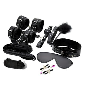BDSM комплект от 10 части Control Me на Guilty Toys в черно: маншети, нашийник, превръзка за очи, камшик, перо, въже и щипки