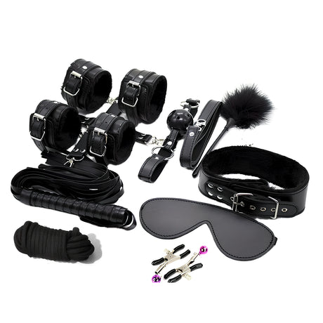BDSM комплект от 10 части Control Me на Guilty Toys в черно: маншети, нашийник, превръзка за очи, камшик, перо, въже и щипки