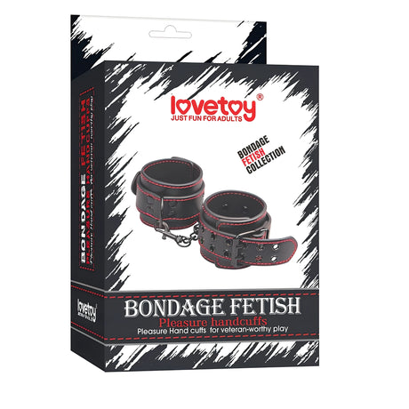 Черна кутия на белезници Lovetoy от колекция Bondage Fetish с черни кожени маншети с червен шев на лицевата страна